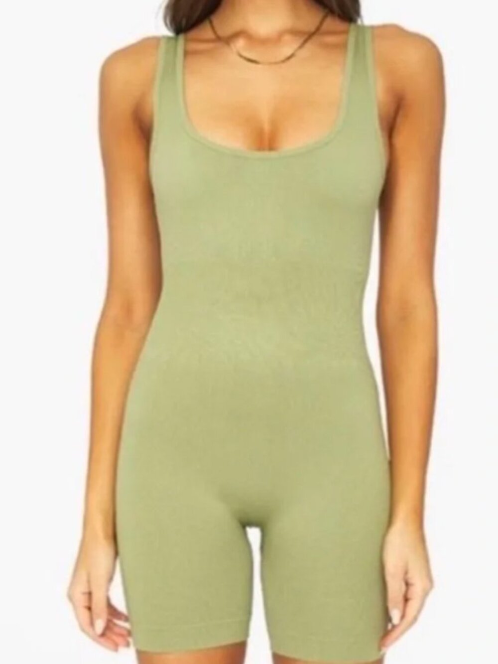 WEWOREWHAT Sage Green Circular Knit Sleeveless Short Ribbed Bodysuit